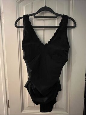 Shade & Shore Black One-Piece Swimsuit with Scalloped V-Neck